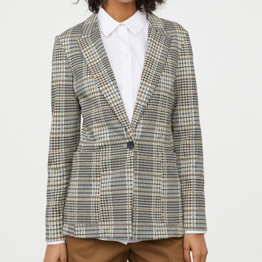 Straight Cut Long Sleeve Single Button Checked Jacket Blazer in Beige (US/CA 2)